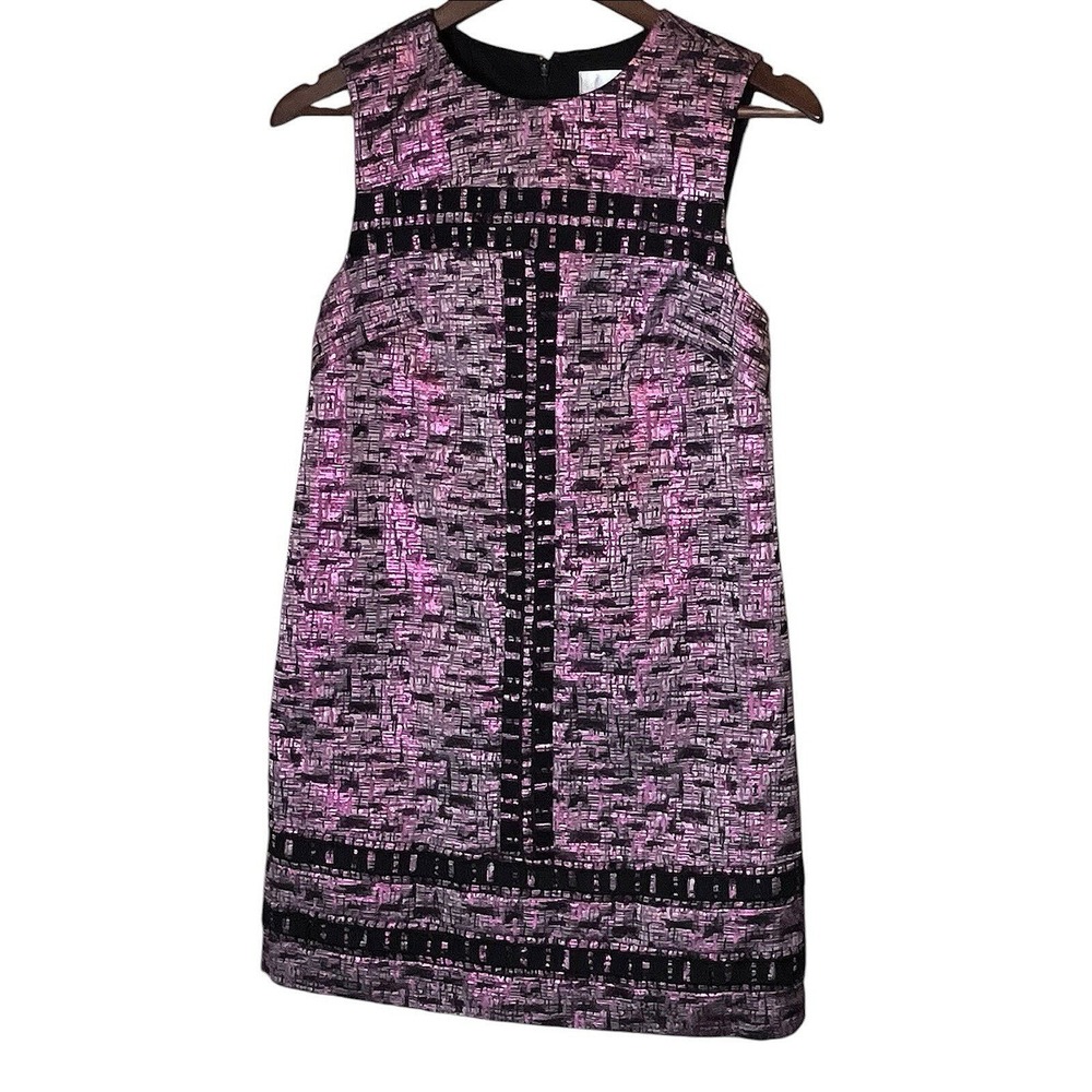 Mikael Aghal Pink Black Metallic Jacquard Sleeveless Shift Dress Size 0
